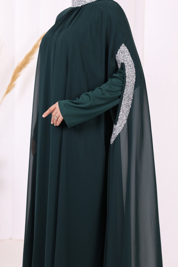 Taş İşleme Detaylı Elbiseli Pelerin Takım 3875 Zümrüt - 9