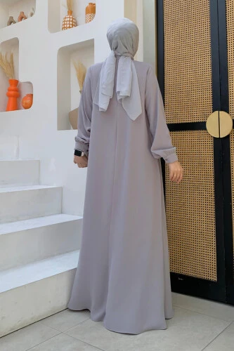 Çapraz Parça Görünümlü İncili Elbise 3879 Gri - Bym Fashion (1)