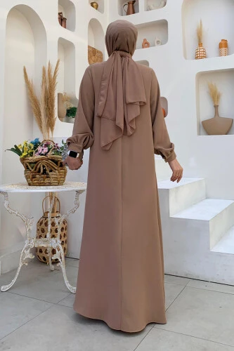 Çapraz Parça Görünümlü İncili Elbise 3879 Vizon - Bym Fashion (1)