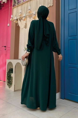 Çapraz Parça Görünümlü İncili Elbise 3879 Zümrüt - Bym Fashion (1)