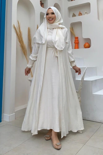 Şallı Elbiseli Abaya Takım 3883 Ekru - 1