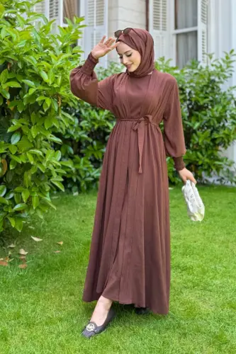 Şallı Elbiseli Abaya Takım 3883 Kahverengi - Bym Fashion (1)