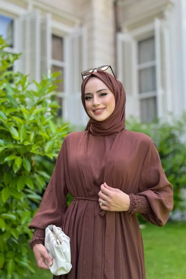Şallı Elbiseli Abaya Takım 3883 Kahverengi - 3