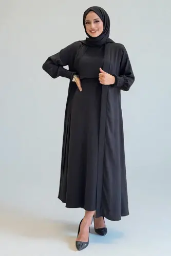 Şallı Elbiseli Abaya Takım 3883 Siyah - 1