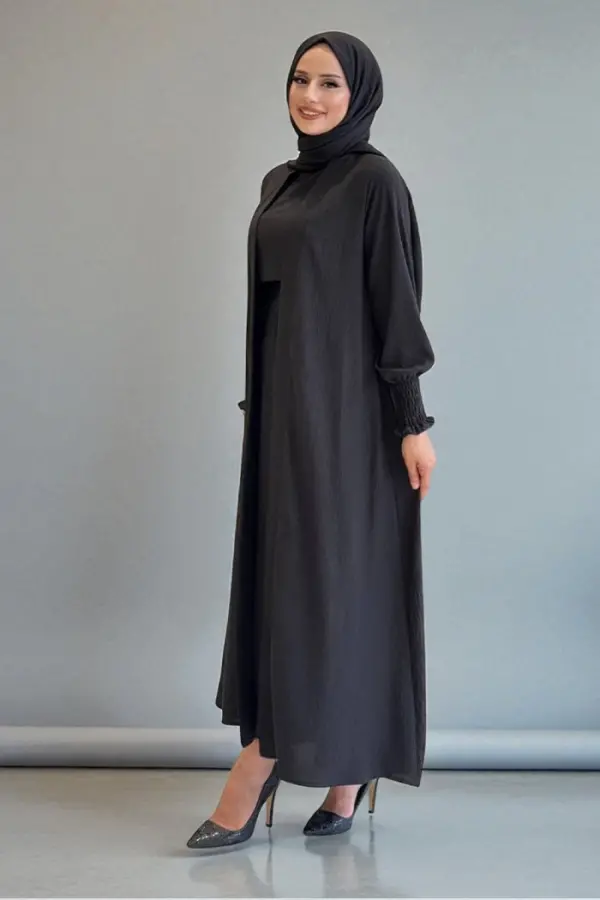 Şallı Elbiseli Abaya Takım 3883 Siyah - 2
