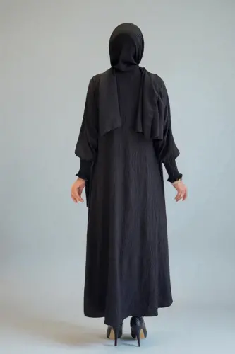 Şallı Elbiseli Abaya Takım 3883 Siyah - 3