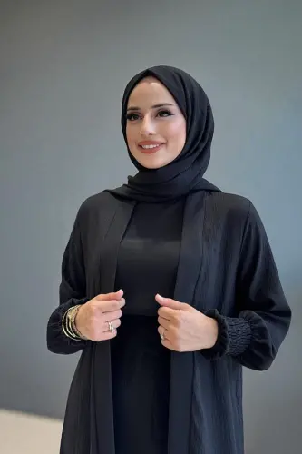 Şallı Elbiseli Abaya Takım 3883 Siyah - 4