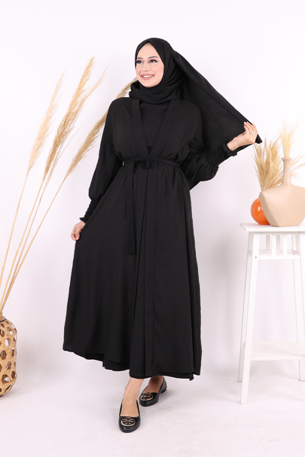 Şallı Elbiseli Abaya Takım 3883 Siyah - 5