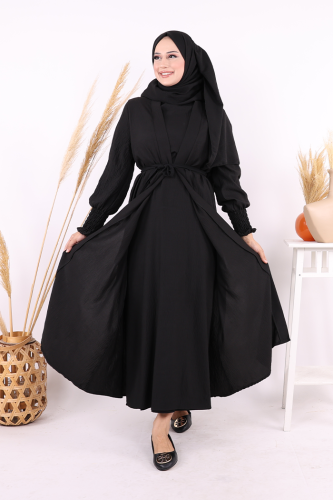 Şallı Elbiseli Abaya Takım 3883 Siyah - 6
