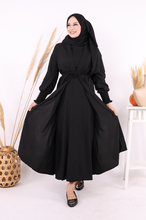 Şallı Elbiseli Abaya Takım 3883 Siyah - 6