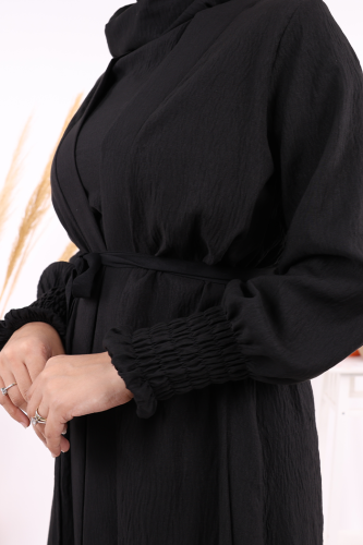 Şallı Elbiseli Abaya Takım 3883 Siyah - 9
