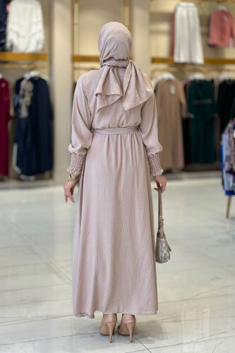 Şallı Elbiseli Abaya Takım 3883 Vizon - Bym Fashion (1)