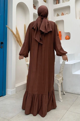 Yakası Bağlama Detaylı Şal Elbise İkili Takım 3885 Kahverengi - Bym Fashion (1)