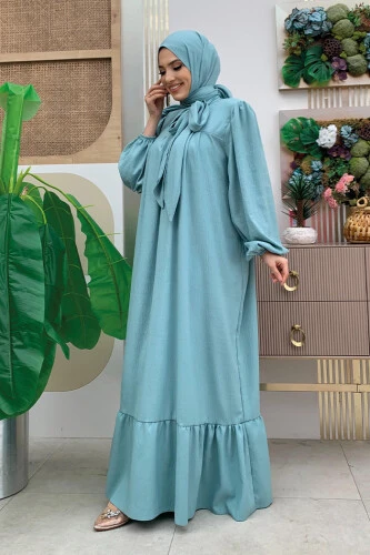 Yakası Bağlama Detaylı Şal Elbise İkili Takım 3885 Mint - Bym Fashion (1)