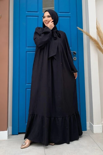 Yakası Bağlama Detaylı Şal Elbise İkili Takım 3885 Siyah - 1