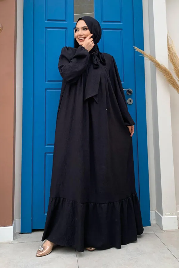 Yakası Bağlama Detaylı Şal Elbise İkili Takım 3885 Siyah - 1