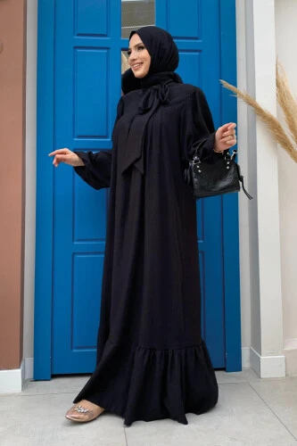 Yakası Bağlama Detaylı Şal Elbise İkili Takım 3885 Siyah - 3