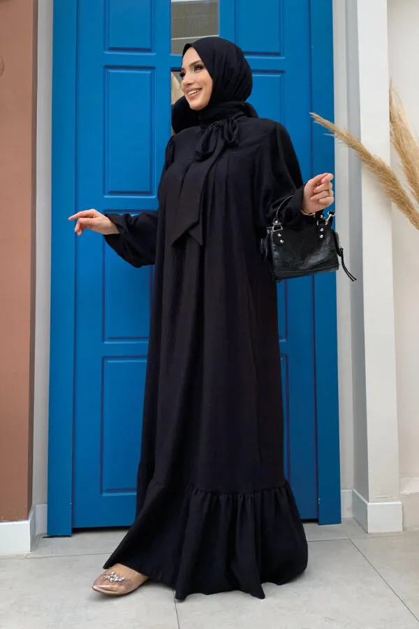 Yakası Bağlama Detaylı Şal Elbise İkili Takım 3885 Siyah - 3