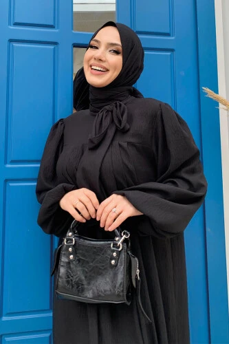 Yakası Bağlama Detaylı Şal Elbise İkili Takım 3885 Siyah - 4