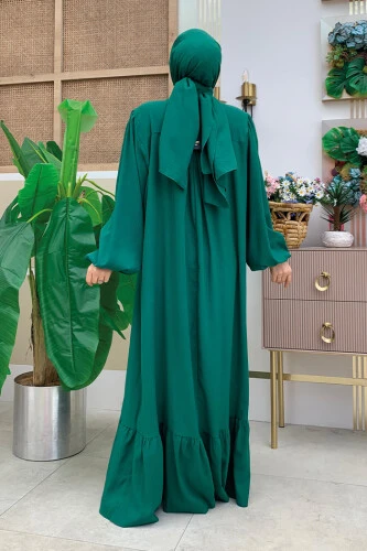 Yakası Bağlama Detaylı Şal Elbise İkili Takım 3885 Zümrüt - Bym Fashion (1)