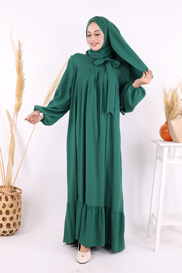 Yakası Bağlama Detaylı Şal Elbise İkili Takım 3885 Zümrüt - 5