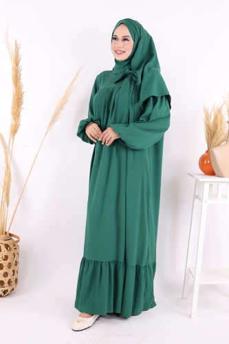 Yakası Bağlama Detaylı Şal Elbise İkili Takım 3885 Zümrüt - 6