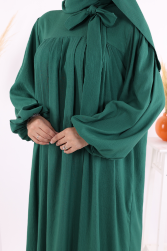 Yakası Bağlama Detaylı Şal Elbise İkili Takım 3885 Zümrüt - 9