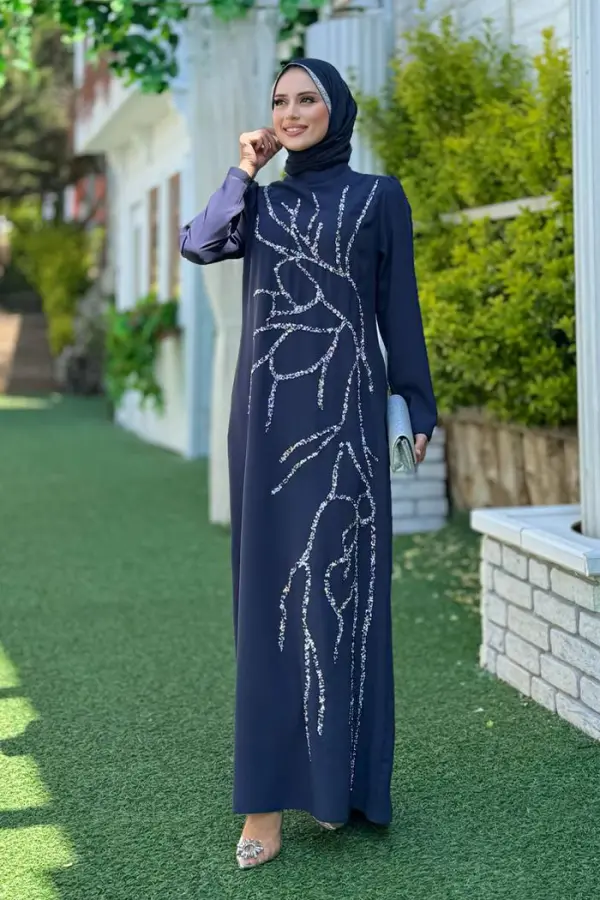 Taş İşleme Desenli Elbise 3889 Lacivert - 2