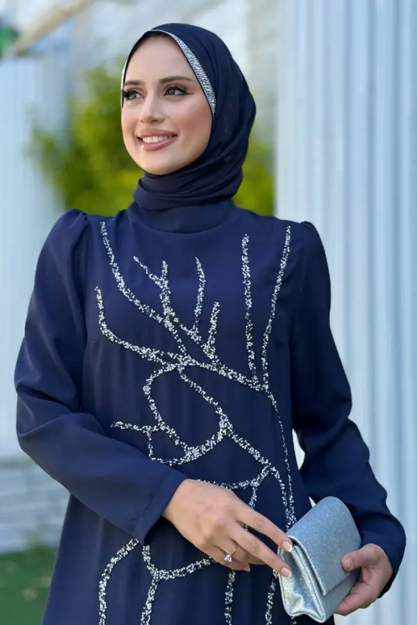 Taş İşleme Desenli Elbise 3889 Lacivert - 3