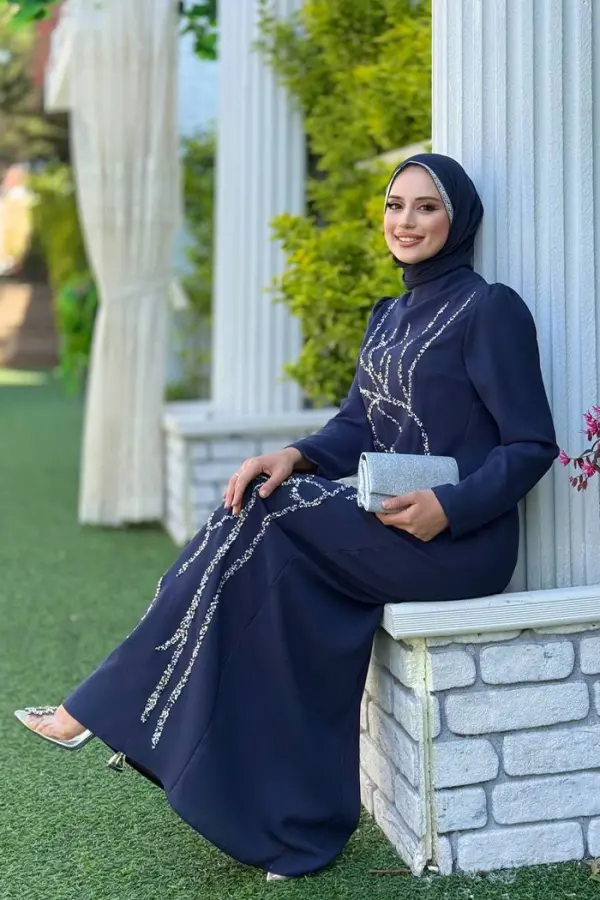 Taş İşleme Desenli Elbise 3889 Lacivert - 4