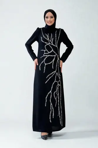 Taş İşleme Desenli Elbise 3889 Siyah - Bym Fashion (1)