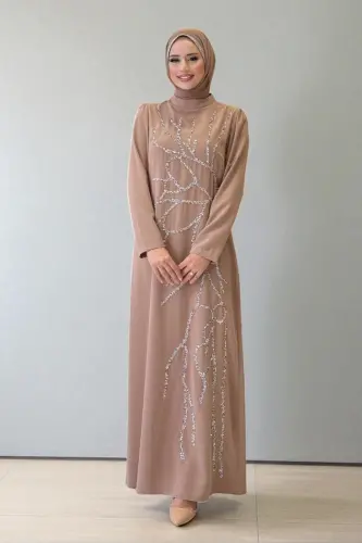 Taş İşleme Desenli Elbise 3889 Vizon - Bym Fashion (1)