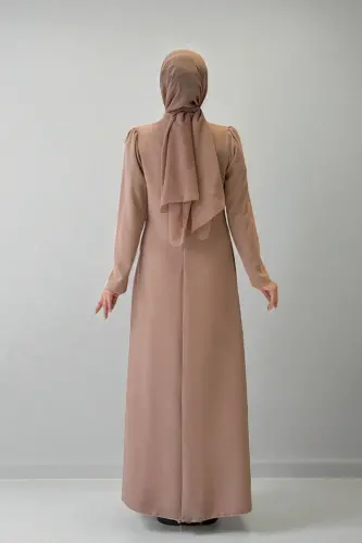 Taş İşleme Desenli Elbise 3889 Vizon - 3