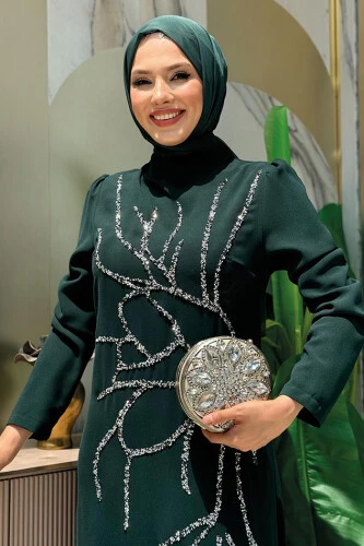 Taş İşleme Desenli Elbise 3889 Zümrüt - Bym Fashion (1)