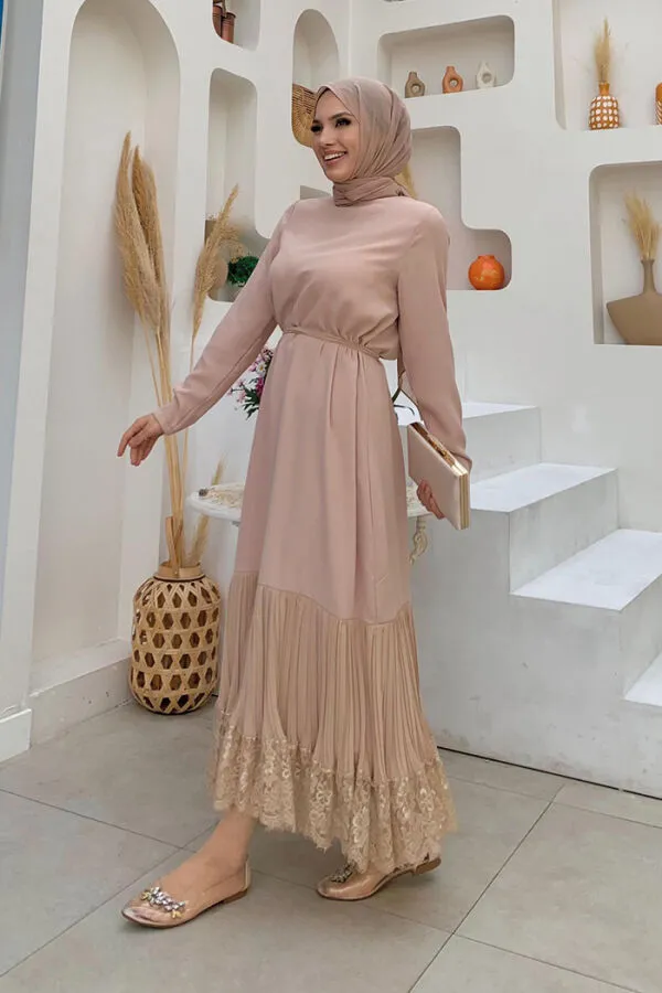 Etek Ucu Piliseli Dantel Görünümlü Kuşaklı Elbise 3890 Taş - 3