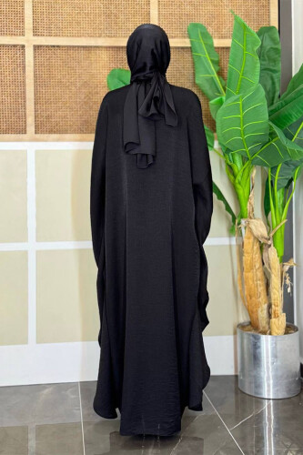 Yarasakol Bel Kısmı Gizli İp Kuşaklı Elbise 3891 Siyah - Bym Fashion (1)