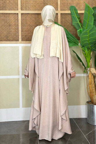 Yarasakol Bel Kısmı Gizli İp Kuşaklı Elbise 3891 Taş - Bym Fashion (1)