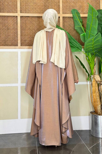 Yarasakol Bel Kısmı Gizli İp Kuşaklı Elbise 3891 Vizon - Bym Fashion (1)