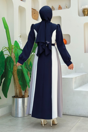 Bel Kuşaklı Üç Renk Elbise 3901 Lacivert - Bym Fashion (1)