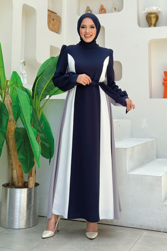 Bel Kuşaklı Üç Renk Elbise 3901 Lacivert - Bym Fashion