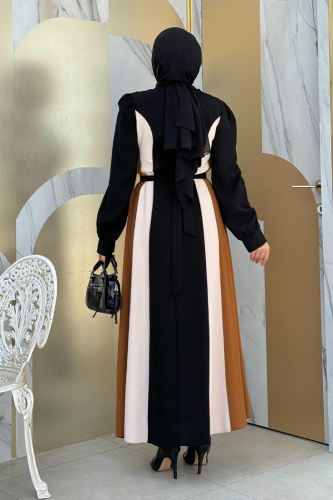 Bel Kuşaklı Üç Renk Elbise 3901 Siyah - Bym Fashion (1)