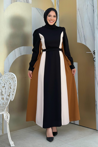 Bel Kuşaklı Üç Renk Elbise 3901 Siyah - Bym Fashion