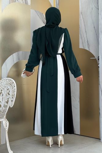 Bel Kuşaklı Üç Renk Elbise 3901 Zümrüt - Bym Fashion (1)