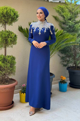 Taş Detaylı Abiye Elbise 3916 Lacivert - Bym Fashion