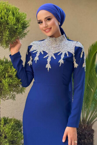 Taş Detaylı Abiye Elbise 3916 Lacivert - 8