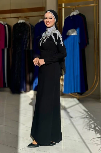 Taş Detaylı Abiye Elbise 3916 Siyah - Bym Fashion (1)