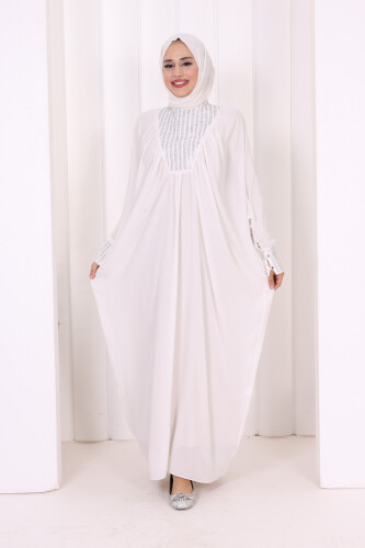 Taş Detaylı Yarasakol Elbise 3917 Ekru - 5