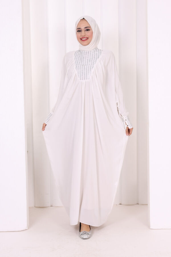 Taş Detaylı Yarasakol Elbise 3917 Ekru - 5