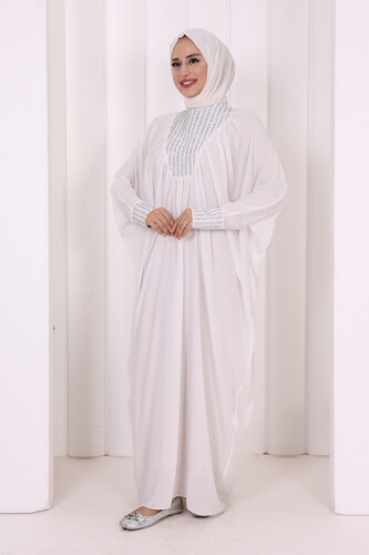 Taş Detaylı Yarasakol Elbise 3917 Ekru - 6