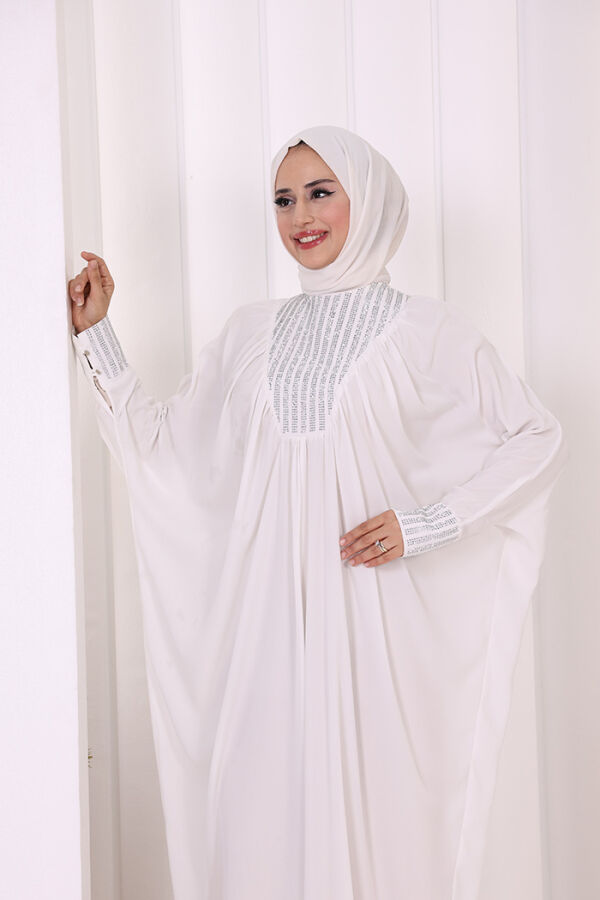 Taş Detaylı Yarasakol Elbise 3917 Ekru - 8